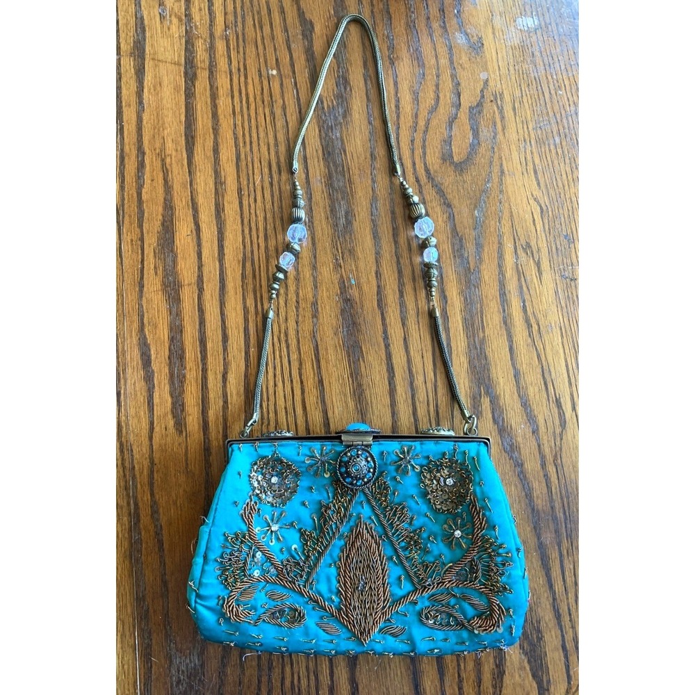 Vintage Blue Beaded Evening Bag Handbag Turquoise Goldwork Embroidery Fair
